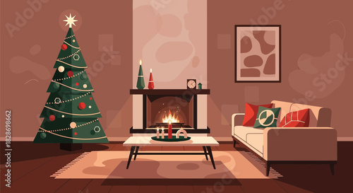 Warm christmas interior with decorated tree, fireplace, and cozy furniture creating a welcoming