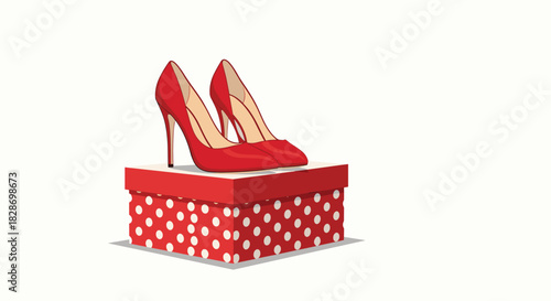 A pair of stylish red high-heeled shoes is displayed on top of a polka-dotted shoe box.