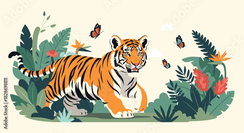 Majestic tiger is surrounded by beautiful tropical leaves butterflies and flowers in a jungle scene.