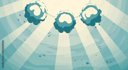 Whimsical underwater cartoon scene with abstract floating shapes and light beams