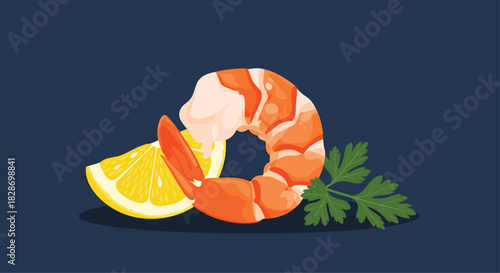A pair of cooked shrimp or prawns are elegantly served with a slice of lemon and fresh parsley.