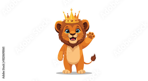 An adorable lion cub with a golden crown on its head is waving in a cute royal greeting.