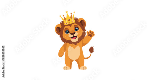 Cute and royal lion cub character with a golden crown is waving and smiling happily.
