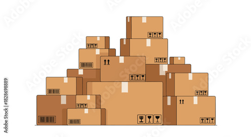 A large pile of sealed and stacked cardboard boxes is ready for moving or shipping.