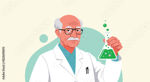 An elderly male scientist with a mustache is carefully examining a green chemical in a flask.