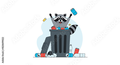 Funny raccoon character is caught rummaging through a full trash can for food in an urban setting.
