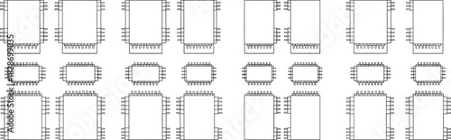 Electronic microchip outline set with integrated circuit package drawings, technical semiconductor component icons, vector chip diagram collection for engineering, hardware design, manufacturing