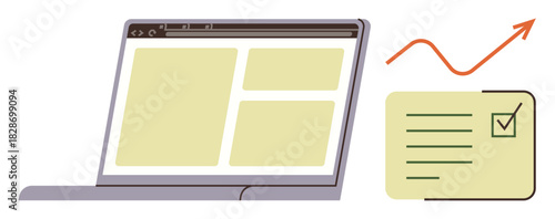 Open laptop displaying webpage layout, checklist with tick mark, and upward graph. Ideal for productivity, organization, growth, goal setting, task management efficiency planning. Simple flat