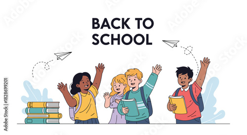 Diverse students celebrate their return to school with raised hands and joyful expressions.