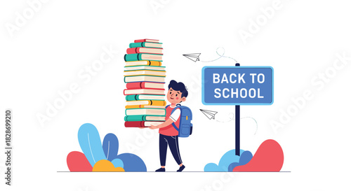 A young boy balances a towering stack of books heading back to school ready to learn.