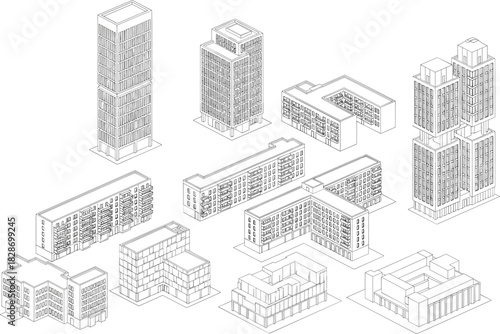 Isometric modern building collection, detailed architectural apartment block vector set with high-rise towers, residential complexes, urban structure illustrations for planning and design projects