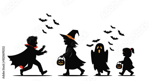 Children in Halloween costumes are silhouetted as they go trick-or-treating in a playful line.
