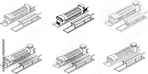 Isometric modern metro station architecture illustration with detailed platforms, transparent curved roofing, urban transport design elements, clean line drawing style for professional stock content
