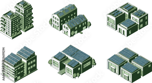 Isometric eco buildings illustration, modern sustainable architecture with solar panels, green energy homes, renewable power design, urban environmental concept, clean technology housing models