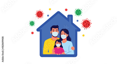 A family wears face masks inside their home as a protective measure against the spread of a virus.