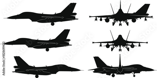 Military fighter jet silhouettes in multiple angles, detailed aircraft vector illustration, aviation combat plane graphic set for defense, aerospace, warplane design elements