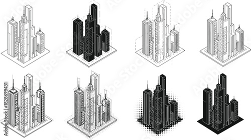 Isometric skyscraper illustrations, modern city skyline designs, futuristic urban architecture set, black and white high-rise buildings, detailed metropolitan tower drawings, vector cityscape art