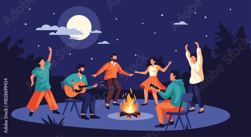 Friends gather around a campfire at night playing guitar and enjoying each other's company.