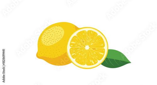 A whole lemon and a cut half are shown with a green leaf highlighting the fruit's freshness.