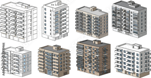 Modern apartment building collection, detailed architectural 3D exterior models with balconies, windows, facades, urban residential design elements, realistic construction visualization