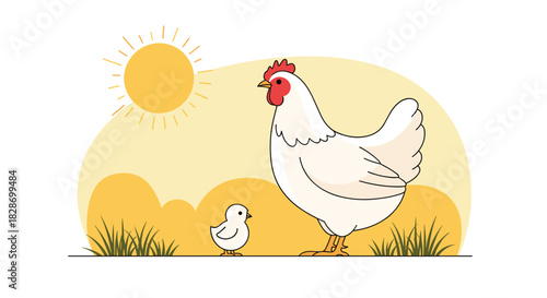 A hen and her chick enjoy a sunny day on the farm representing a peaceful rural scene.