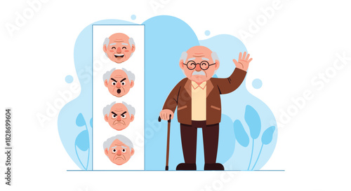 An elderly man with different emotional expressions is shown providing a character set.