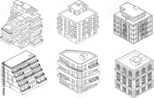 Modern architectural building sketches in isometric style showcasing detailed residential apartment designs, creative urban housing concepts, and 