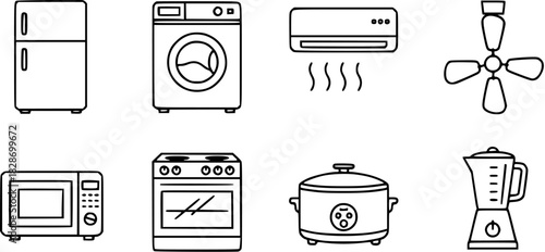 Line Art Icons Set: Refrigerator, Washer, AC, Fan, Microwave, Oven, Slow Cooker, Blender - Black  White Home Appliance Illustrations