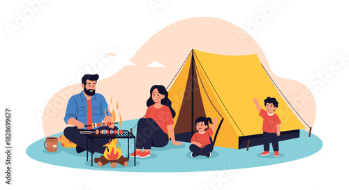 A family of three enjoys a picnic while camping creating a cozy and memorable outdoor experience.