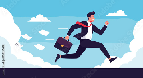 A businessman in a suit runs with a briefcase signifying a busy professional life or an urgent deadline.