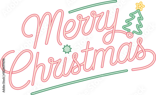 Retro neon merry christmas greeting with festive elements