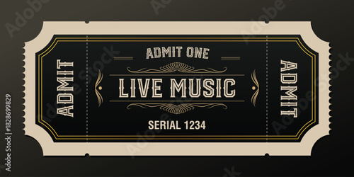 Vintage Live Music Admit One Ticket in Black and Beige – Retro Concert Pass with Ornamental Borders, Classic Typography, Perforated Edges, and Serial Number Design for Events, Shows, and Performances