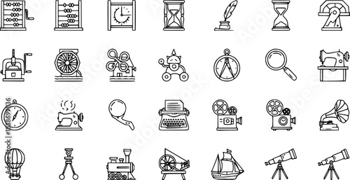 Steampunk Icons Set: Retro Machines, Gadgets, and Technology in Vector Line Art