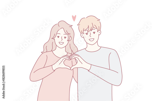 young couple making heart gesture, pastel illustration showing smiling partners forming heart with hands, warm affectionate mood, minimal line art, romantic celebration, gentle expressions