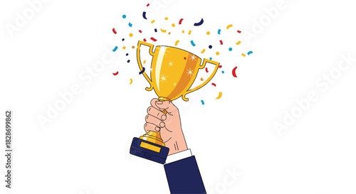 Hands hold up a golden trophy cup amidst confetti celebrating a victory or achievement.