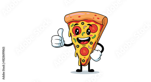 A slice of pizza character with a face gives a thumbs-up as a fun and friendly mascot.