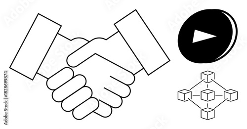 Handshake symbolizing partnership, network of connected blocks for blockchain, and play button. Ideal for teamwork, blockchain, digital agreement, connectivity, trust, innovation simple flat