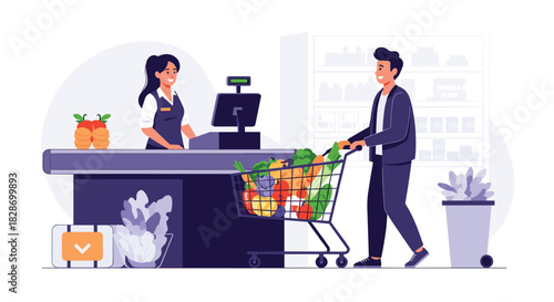 A woman shops in a supermarket her cart filled with groceries while a cashier assists at the checkout.