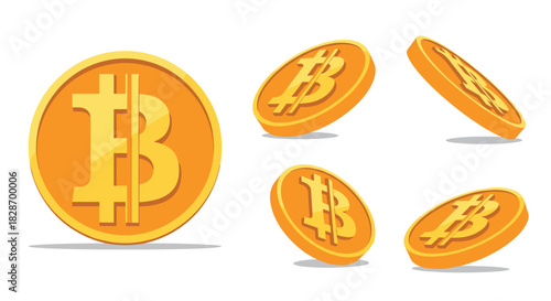 Golden Bitcoin coins are shown from different angles highlighting the world of cryptocurrency.