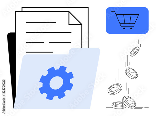 Folder and documents with gear icon, a shopping cart, and falling coins representing monetary transactions. Ideal for online business, workflow optimization, e-commerce, financial systems, digital