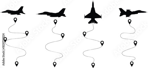 Silhouette fighter jets with dotted flight paths, aviation route icons, military aircraft travel map concept, aerial navigation illustration, jet trajectory design for aviation graphics