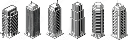Set of six isometric skyscraper vector icons featuring modern office buildings in line art style on white background for urban city architectural design projects.