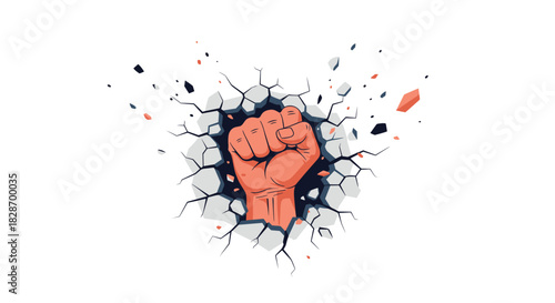 Powerful red fist smashes through a white wall representing strength protest and breaking barriers.