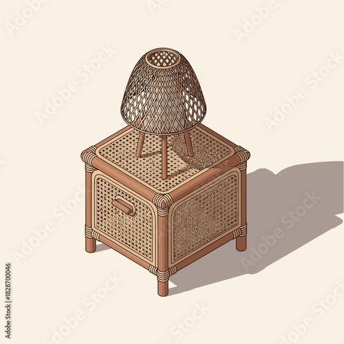 Elegant Isometric Wicker Nightstand with Matching Lamp Design Illustration