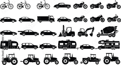Silhouette transportation collection, bicycles, cars, motorcycles, trucks, tractors, construction vehicles, trailers, forklifts, excavators, cement mixer, farm machinery, automotive icons, 