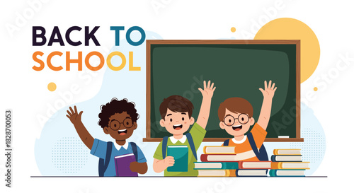 Diverse students and a teacher are back in a classroom ready for a new school year.