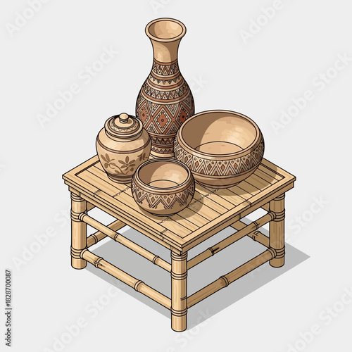 Exquisite earthenware pottery artwork on a stylish bamboo table object