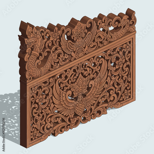 Intricate wood carving depicting mythical creatures and floral ornamentation
