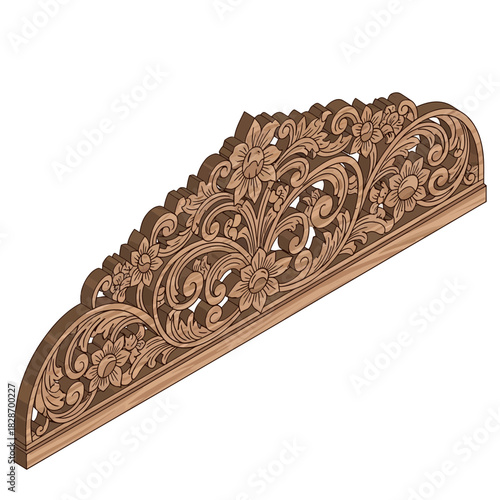 Intricate wooden floral carving art with symmetrical and aesthetic pattern