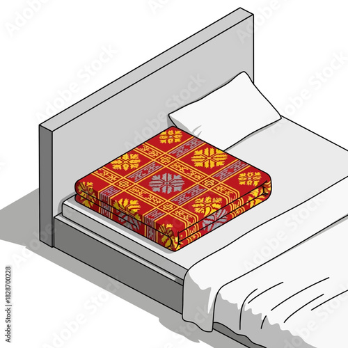 Isometric bed with embroidered blanket and soft pillow for relaxation